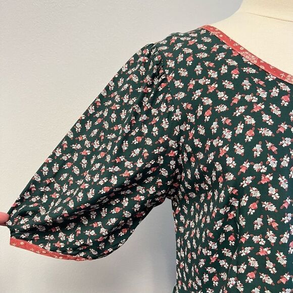 Vintage 90s Aviva USA Women’s Large Cottagecore Green Floral Midi Dress Pockets - Picture 3 of 12